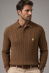 RL Cable Knit Wool Cashmere Polo Neck Brown Sweater