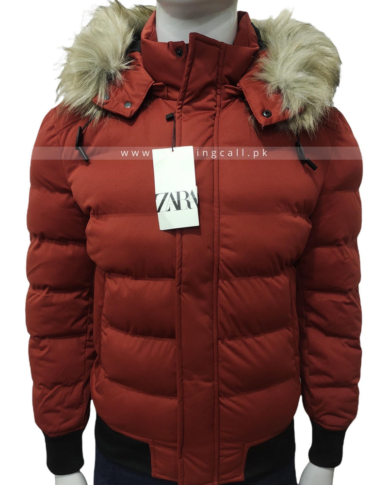 Faux Fur Collar Red Puffer Jacket Zara ZR Puffer Red Jacket With